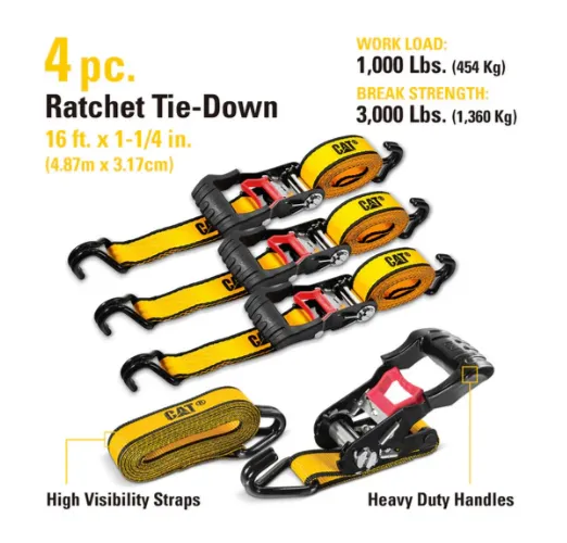 4 Piece Ratchet Tie Down Set with Soft Loops - 16 Feet x 1-1/4 Inches