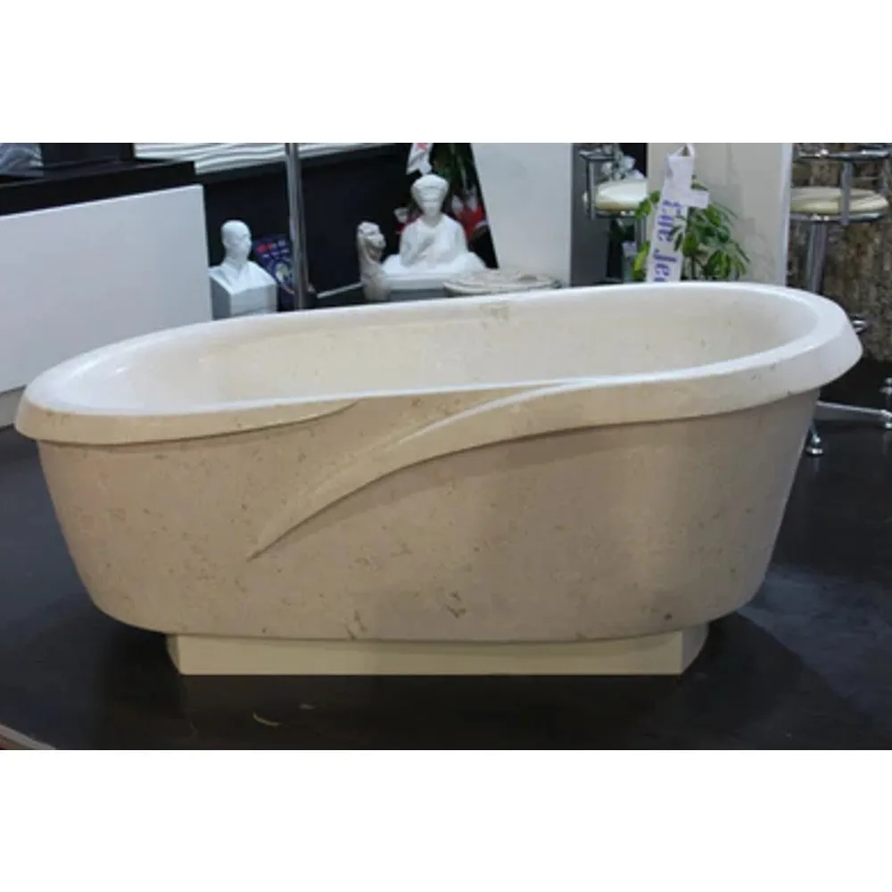 Fossil White Limestone Sloped Bathtub Hand-carved from Solid Limestone Block (W)40" (L)80" (H)24"