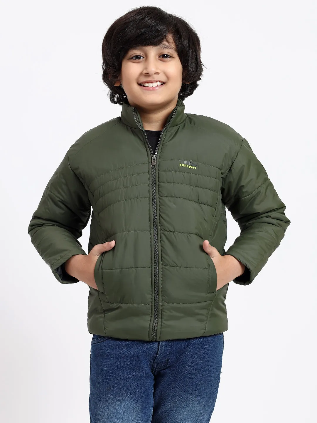 HiFlyers Boys Regular Fit | Polyster |Fluffy Full Sleeves |Quilted Insulation|High Neck Stand Collar|Zipper Jacket -Green