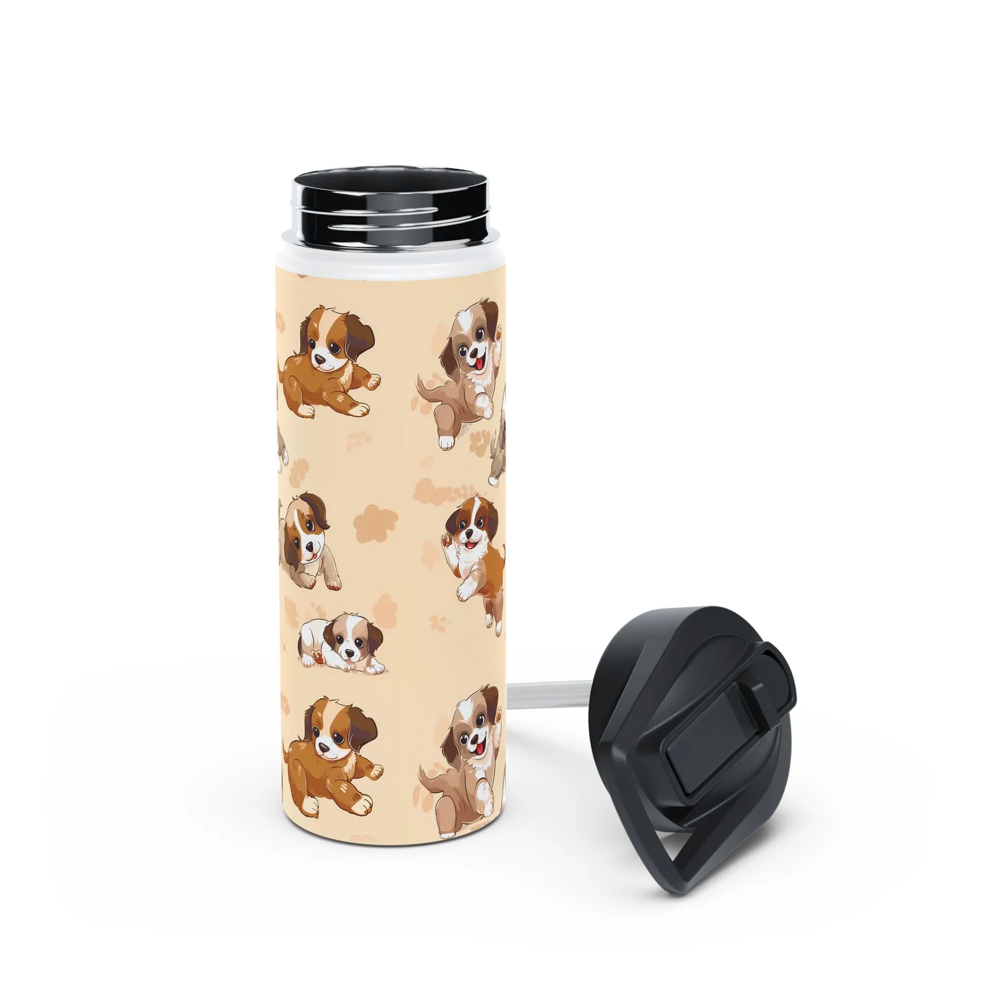 Insulated Water Bottle Thermos, 18oz, Cute Puppy Dogs - Double Walled Stainless Steel, Keeps Drinks Hot or Cold