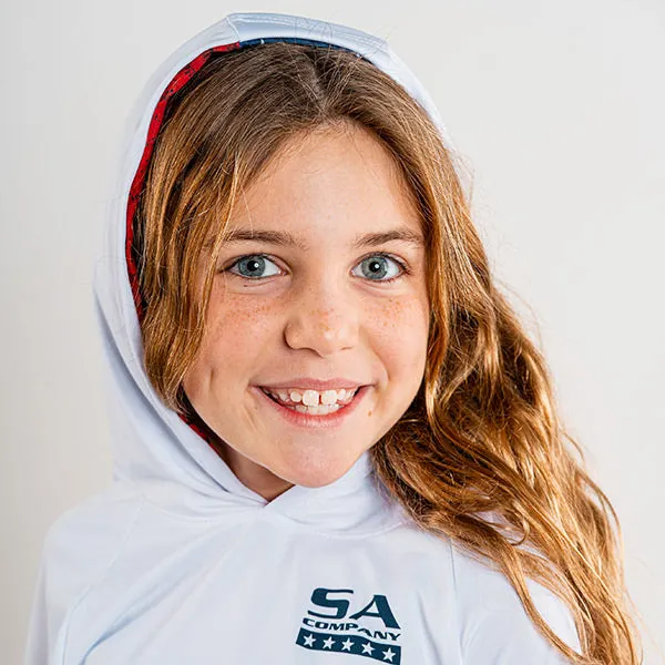 Kids Hooded Performance Long Sleeve Shirt | White | Inner Hood American Flag