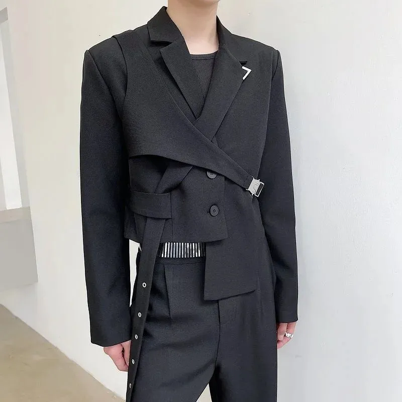 Men's Chic Short Blazer Autumn Detachable Two-piece Suit Coat Irregular Hem Fashion Design Black Jacket 9Y9250