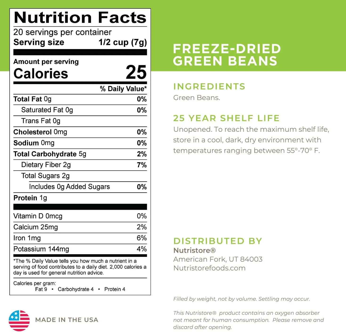 Nutristore Freeze-Dried Green Beans - 20 Servings #10 Can