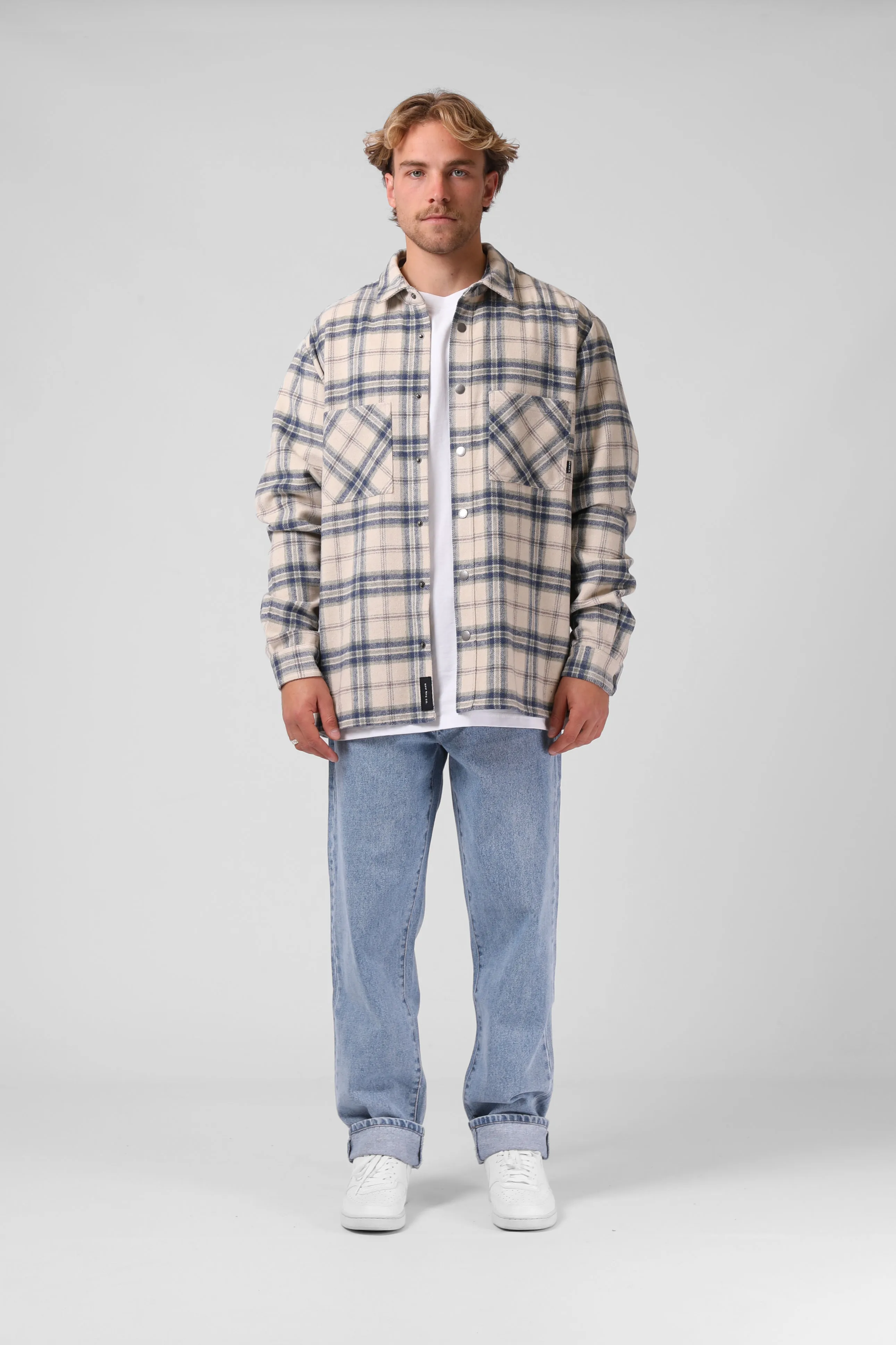 Plaid Shacket - Cream/Blue Plaid