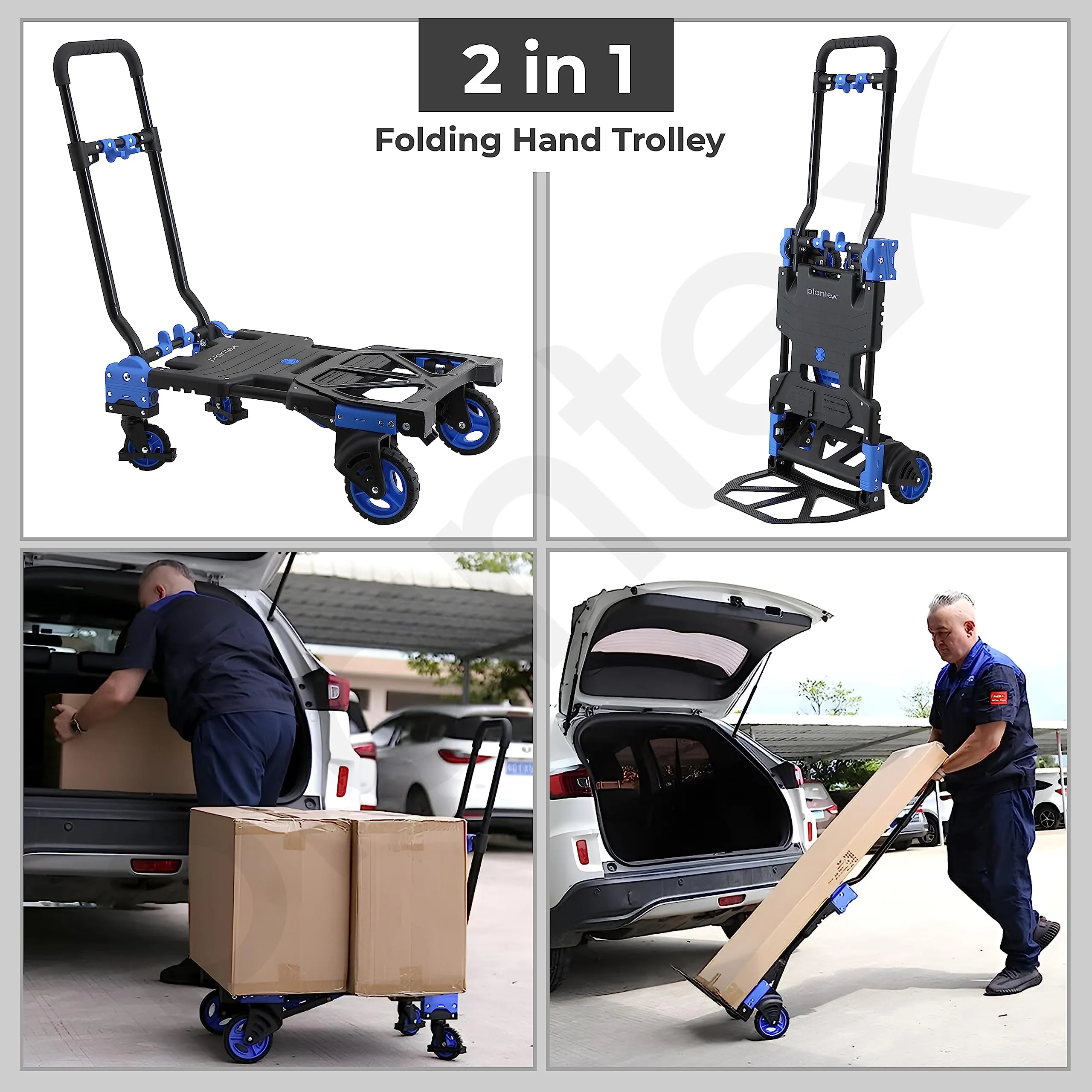 Plantex Multipurpose Foldable Platform Trolley/Hand Truck and Portable Dolly Push Kart with Telescopic Handle and Foldable Guarded Wheels – (Black & Blue)