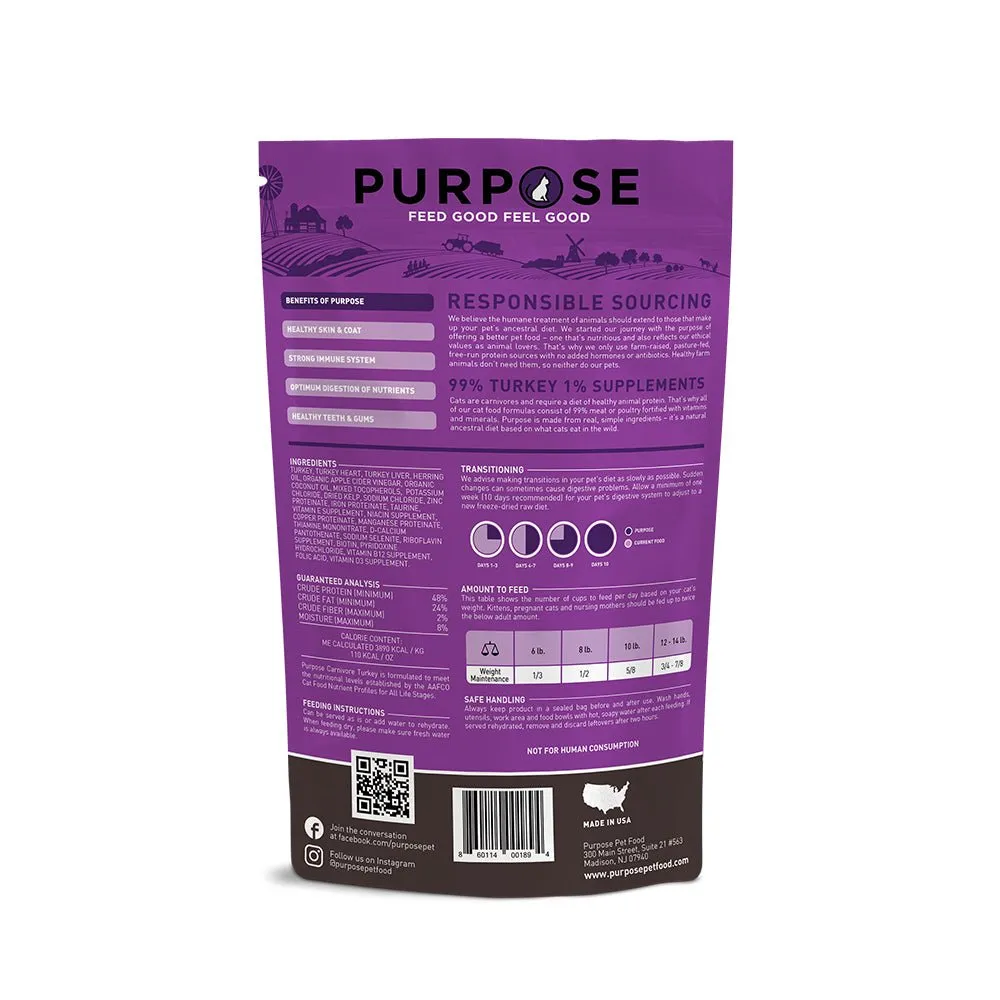 PURPOSE Freeze Dried Raw Cat Food - Carnivore Turkey Freeze 9 oz.