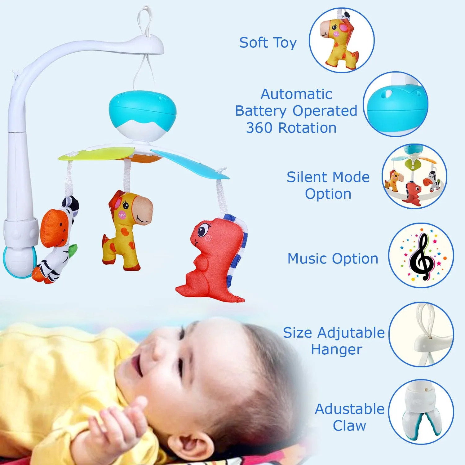 Soft Animals Premium Electric Musical Bed Cot Mobile With Hanging Rattles - Blue