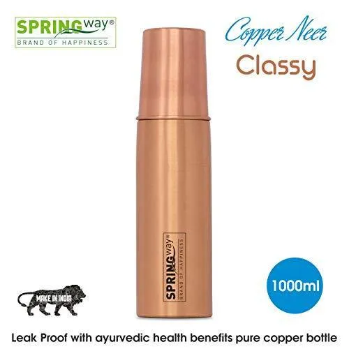 SPRINGWAY - Brand of Happiness® - Copper Neer Classy Pure Copper Water Bottle with Glass, Advanced Leak Proof Protection and Joint Less, Ayurveda and Yoga Health Benefits. (1000ml, 1Unit)