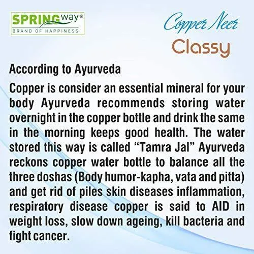 SPRINGWAY - Brand of Happiness® - Copper Neer Classy Pure Copper Water Bottle with Glass, Advanced Leak Proof Protection and Joint Less, Ayurveda and Yoga Health Benefits. (1000ml, 1Unit)