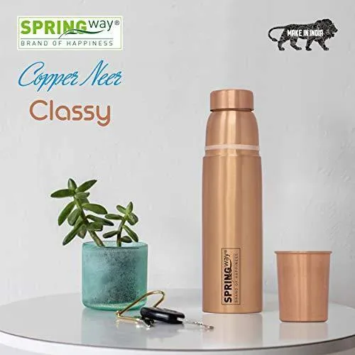 SPRINGWAY - Brand of Happiness® - Copper Neer Classy Pure Copper Water Bottle with Glass, Advanced Leak Proof Protection and Joint Less, Ayurveda and Yoga Health Benefits. (1000ml, 1Unit)