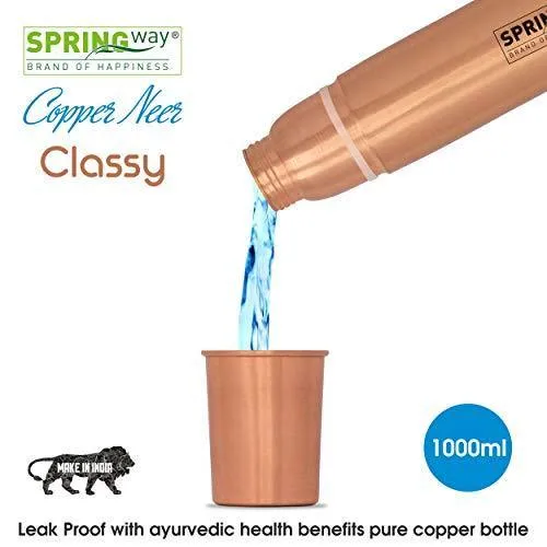 SPRINGWAY - Brand of Happiness® - Copper Neer Classy Pure Copper Water Bottle with Glass, Advanced Leak Proof Protection and Joint Less, Ayurveda and Yoga Health Benefits. (1000ml, 1Unit)