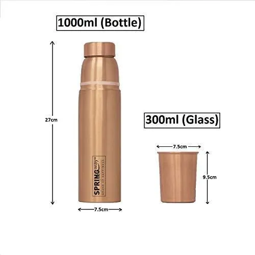 SPRINGWAY - Brand of Happiness® - Copper Neer Classy Pure Copper Water Bottle with Glass, Advanced Leak Proof Protection and Joint Less, Ayurveda and Yoga Health Benefits. (1000ml, 1Unit)