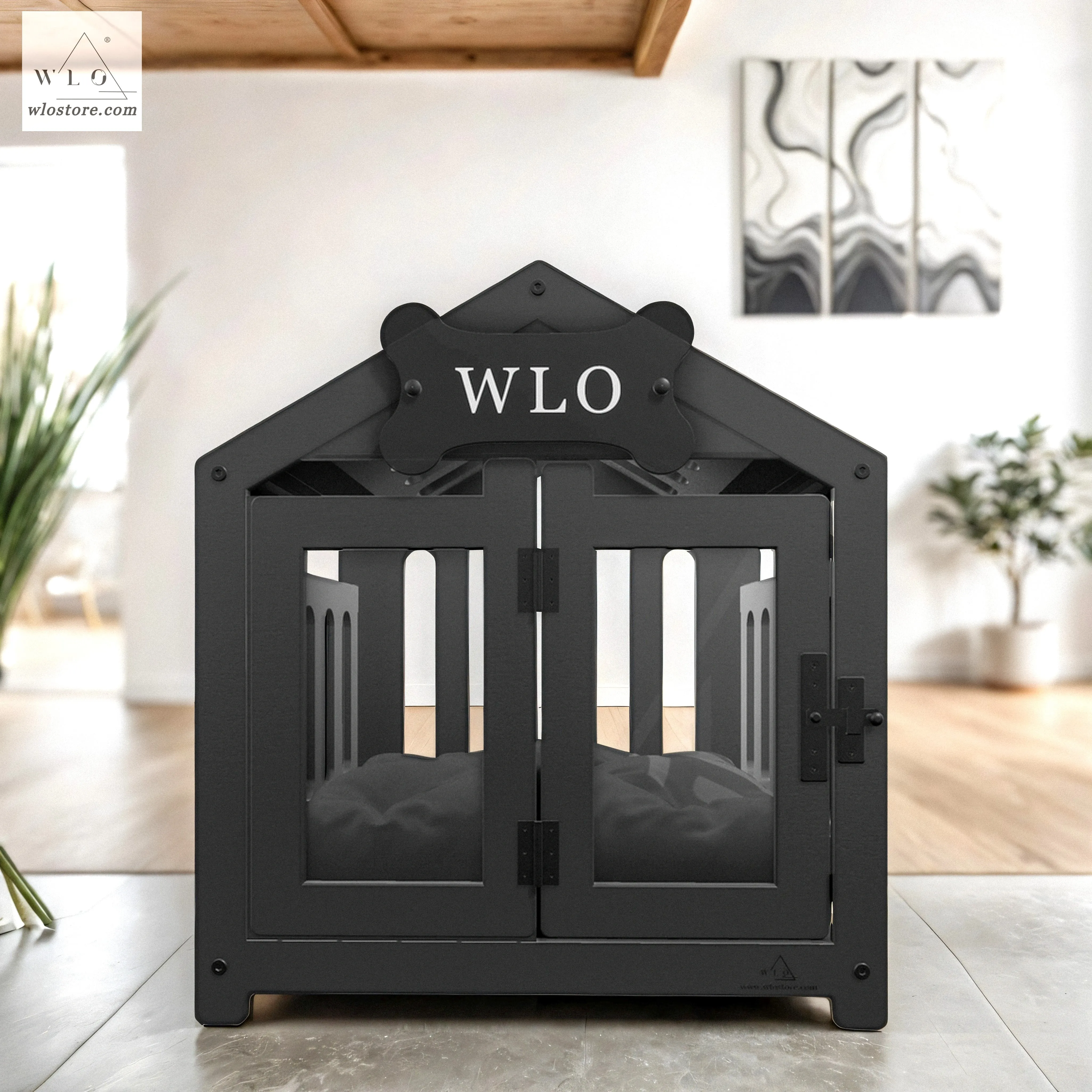 WLO® Black Gabled Modern Dog Crate