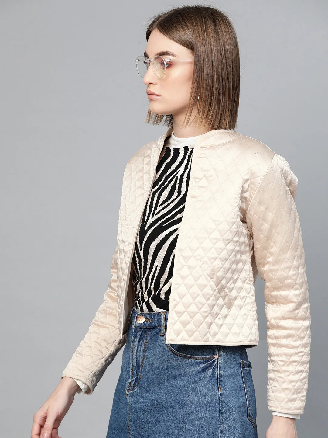 Women Nude Front Open Quilted Jacket