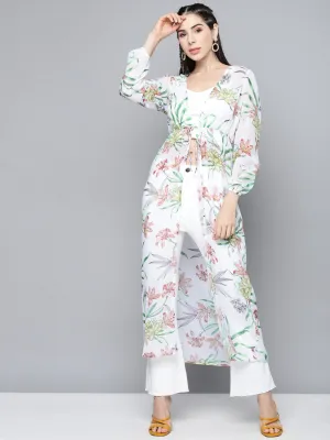 Women White Floral Drawstring Shrug