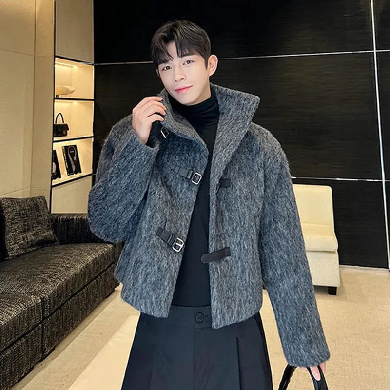 Wool Coat Trend Men's Autumn Winter Design Thickened Grey Woolen Cloth Leather Button Stand Collar Short Windbreaker 9C2080