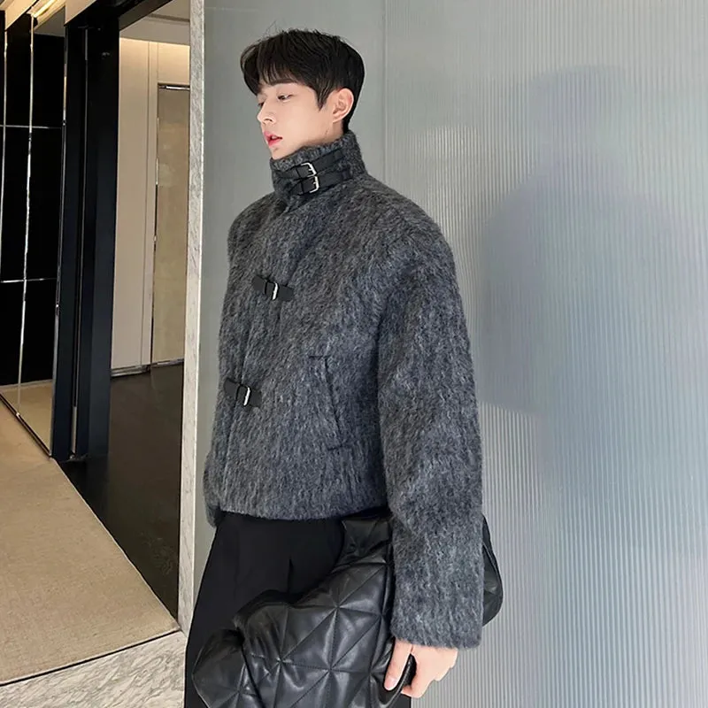 Wool Coat Trend Men's Autumn Winter Design Thickened Grey Woolen Cloth Leather Button Stand Collar Short Windbreaker 9C2080